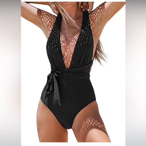 CUPSHE One Piece Swimsuit Sexy Deep V Neck Crisscross Back Self Tie Sz L NWT - Picture 1 of 10